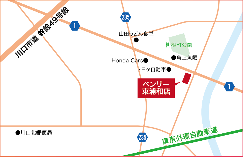ベンリー東浦和店 アクセスマップ。埼玉県川口市柳根町18-18