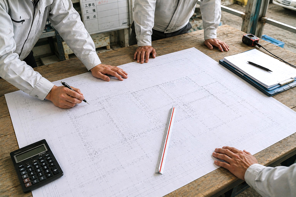 建物を背に並ぶ施工管理スタッフ。作業服姿の3名